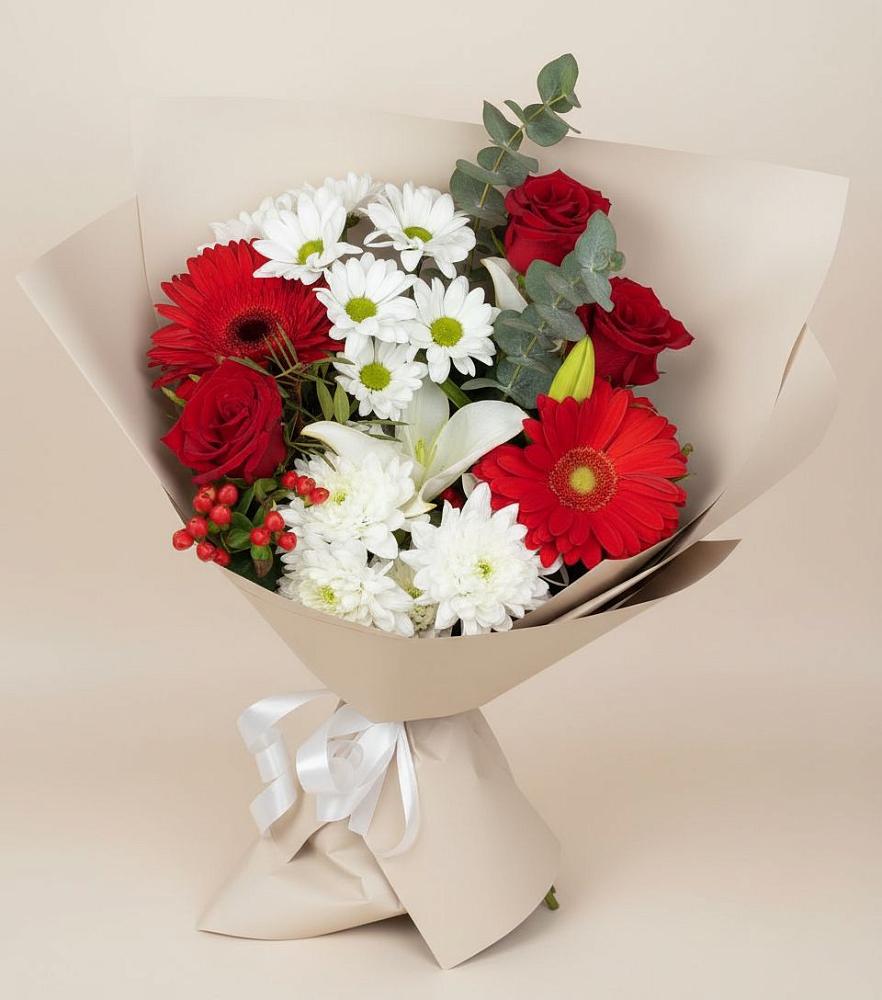 Букет цветов из: Розы, Хризантемы, Герберы и Лилии в Горнозаводском