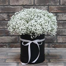 Цветочная композиция из Гипсофила в шляпной коробке в Горнозаводском